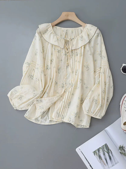 French floral doll collar long-sleeved shirt for women 2025 spring and autumn new temperament bow tie design shirt