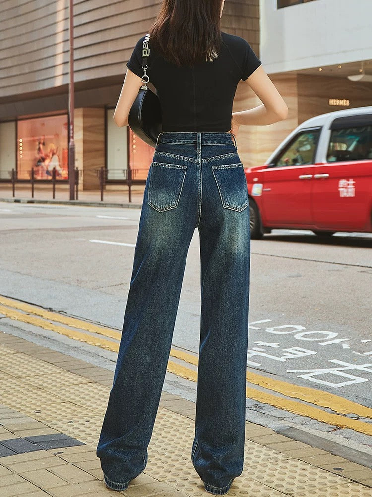 High waistband diamond straight wide leg jeans for women slimming 2024 autumn and winter new design heavy industry trendy brand trousers