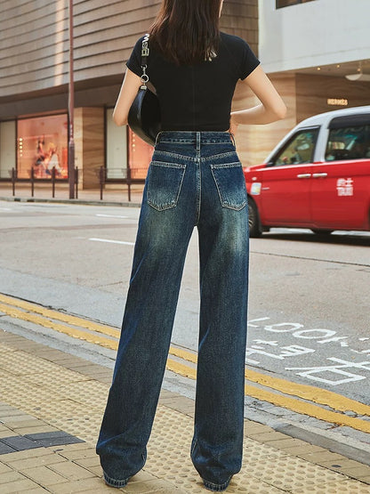High waistband diamond straight wide leg jeans for women slimming 2024 autumn and winter new design heavy industry trendy brand trousers