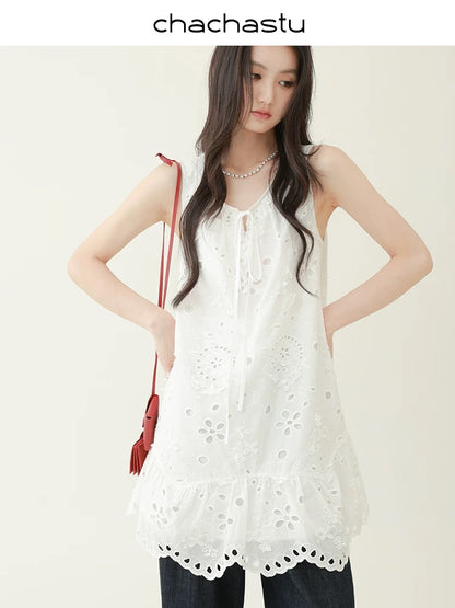 CHACHASTU [Summer Prologue] Holiday style three-dimensional embroidered small flower two-wear vest dress