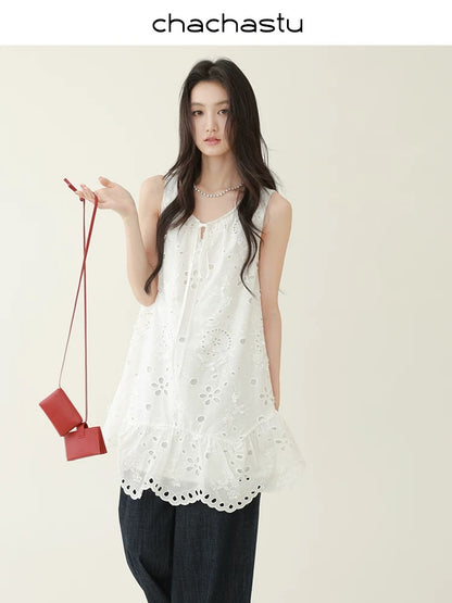 CHACHASTU [Summer Prologue] Holiday style three-dimensional embroidered small flower two-wear vest dress