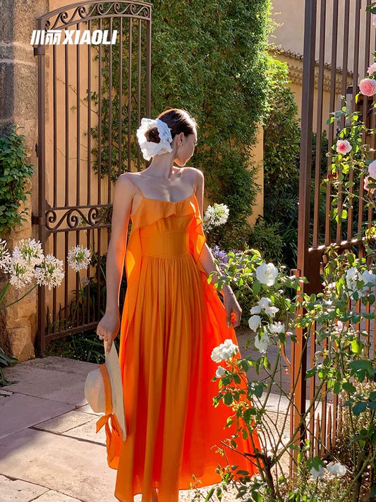Xiaoli Capri Island Orange Suspender A-Line Dress Summer Dopamine Vacation Beautiful Temperament Waist Long Skirt