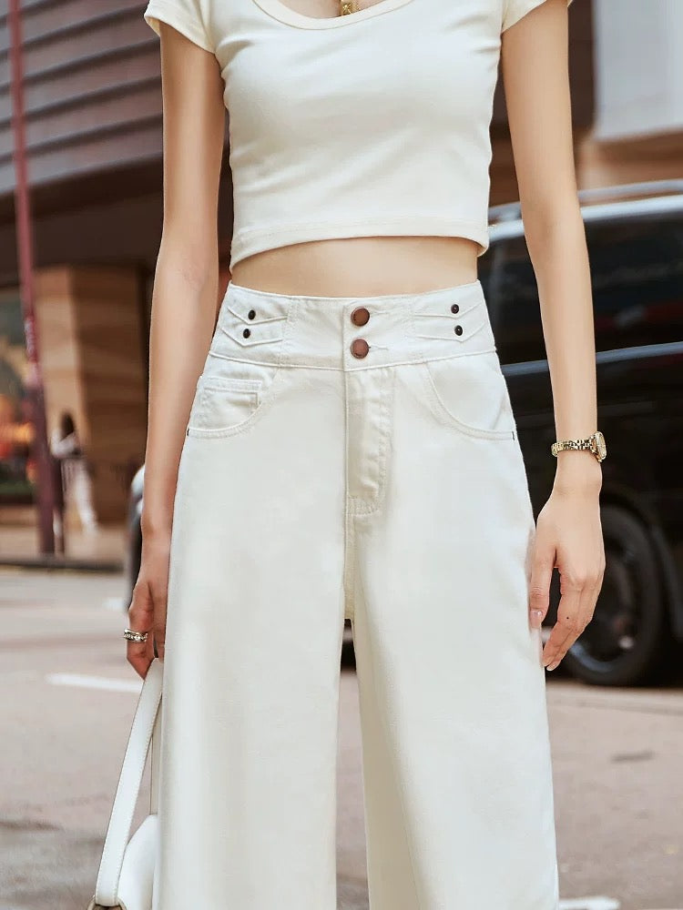 Off-white high-waisted denim wide-leg pants for women in autumn 2024 new loose slimming and drapey straight floor-length mopping trousers trendy