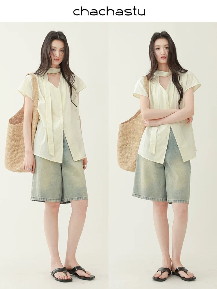 CHACHASTU [Summer Prologue] Lime cheese long ribbon temperament slim shoulder sleeve shirt