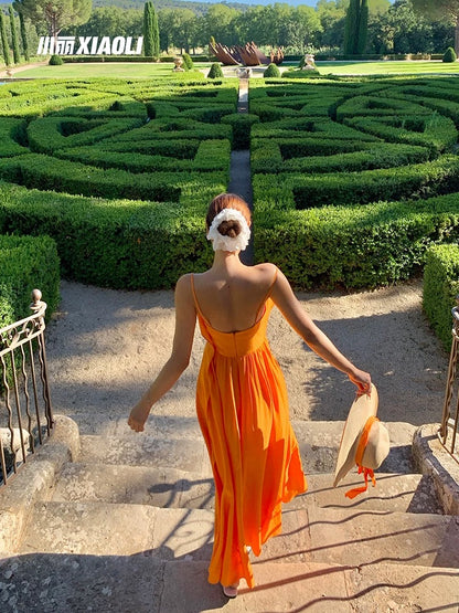 Xiaoli Capri Island Orange Suspender A-Line Dress Summer Dopamine Vacation Beautiful Temperament Waist Long Skirt
