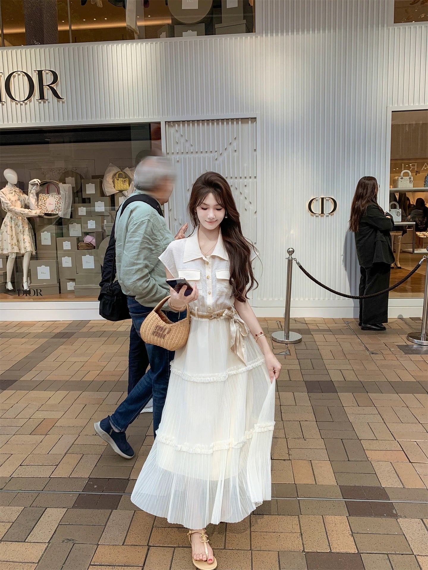 Fish Rabbit's Rabbit Korean Style Denim Patchwork Pleated Dress Women's Summer 2026 New Waist-cinching Long Dress