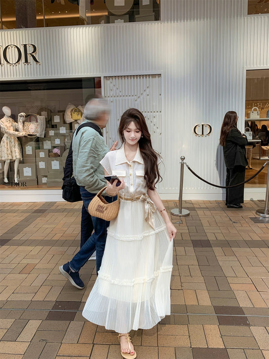 Fish Rabbit's Rabbit Korean Style Denim Patchwork Pleated Dress Women's Summer 2026 New Waist-cinching Long Dress