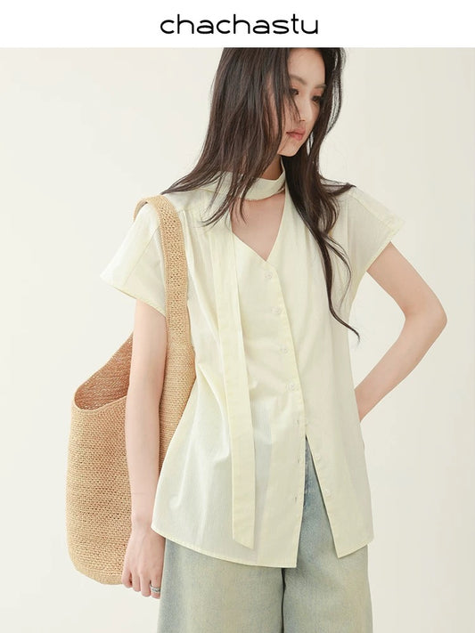 CHACHASTU [Summer Prologue] Lime cheese long ribbon temperament slim shoulder sleeve shirt