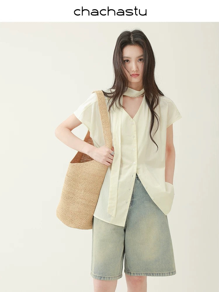 CHACHASTU [Summer Prologue] Lime cheese long ribbon temperament slim shoulder sleeve shirt