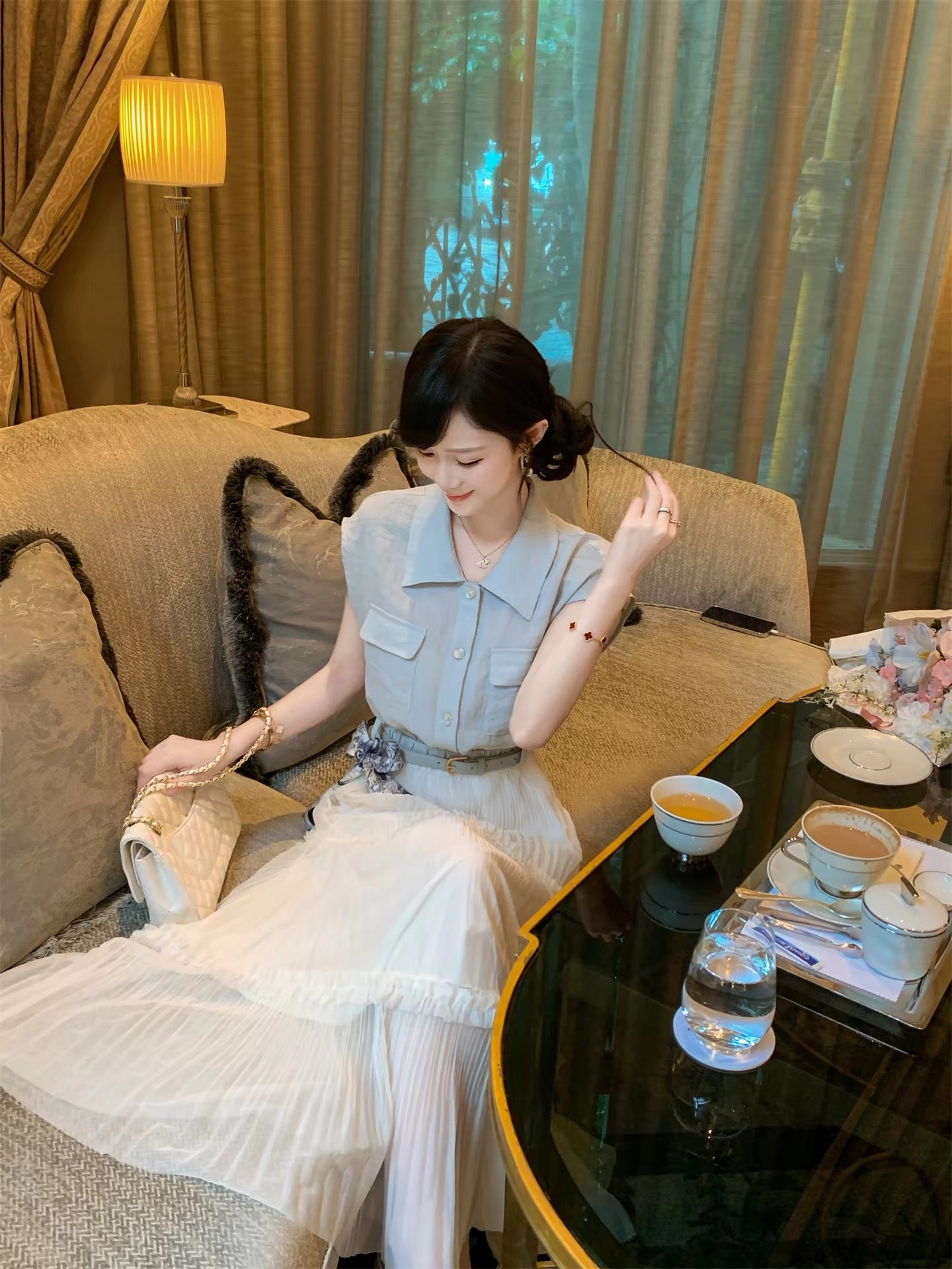 Fish Rabbit's Rabbit Korean Style Denim Patchwork Pleated Dress Women's Summer 2026 New Waist-cinching Long Dress