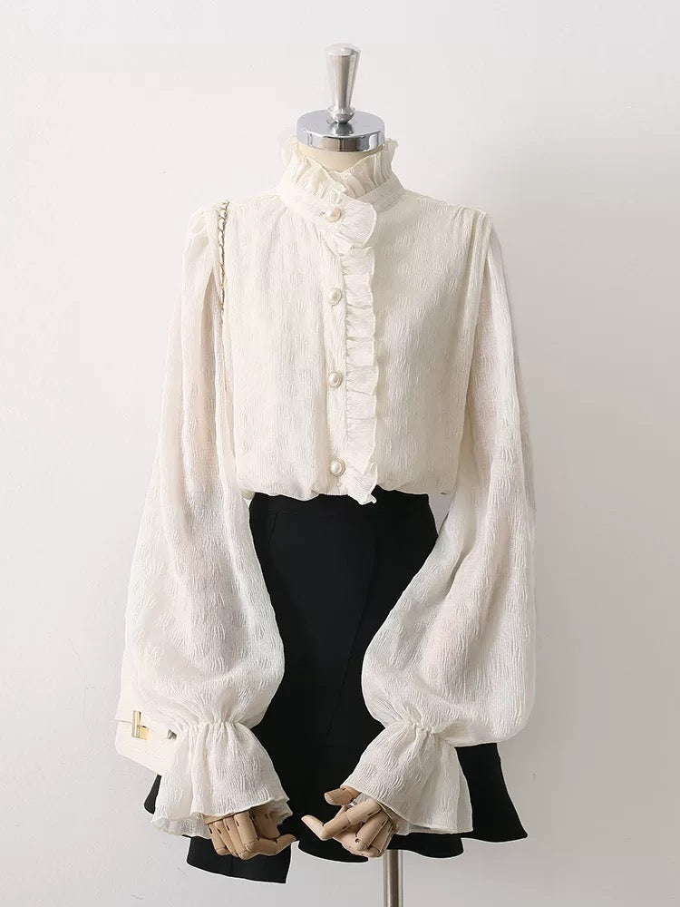 2025 Spring and Autumn New Apricot Wood Ear Edge Stand Collar Shirt Women's Niche Puff Sleeves Drape Trumpet Sleeves Chic Tops