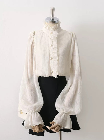 2025 Spring and Autumn New Apricot Wood Ear Edge Stand Collar Shirt Women's Niche Puff Sleeves Drape Trumpet Sleeves Chic Tops