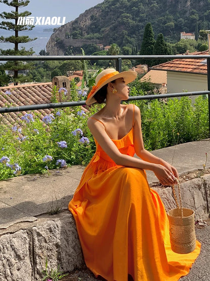 Xiaoli Capri Island Orange Suspender A-Line Dress Summer Dopamine Vacation Beautiful Temperament Waist Long Skirt