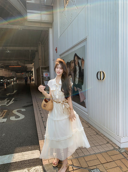 Fish Rabbit's Rabbit Korean Style Denim Patchwork Pleated Dress Women's Summer 2026 New Waist-cinching Long Dress