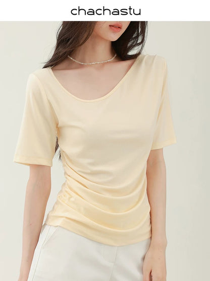 CHACHASTU French style all-match slim short-sleeved T-shirt women's summer 2025 new yellow shoulder top bottoming shirt