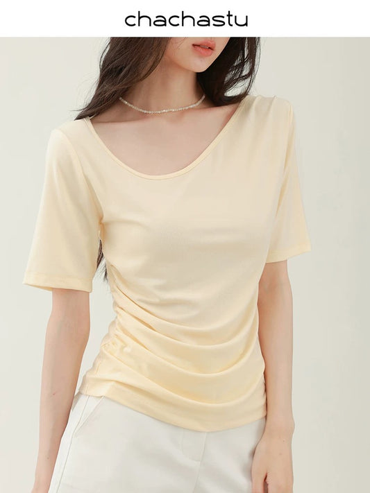 CHACHASTU French style all-match slim short-sleeved T-shirt women's summer 2025 new yellow shoulder top bottoming shirt