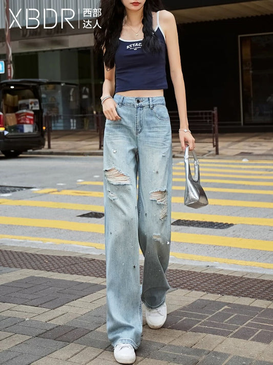 High-waisted perforated ripped straight wide-leg jeans for women 2024 autumn new thin loose and drapey floor-length pants