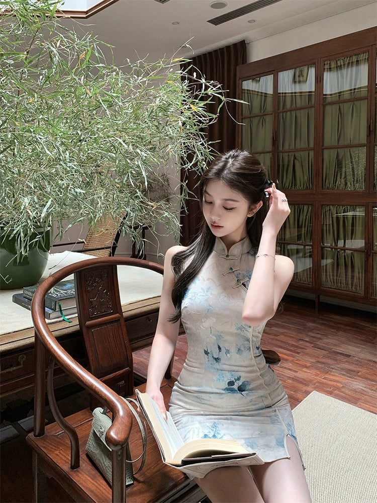 Han Yujia New Chinese Style Satin Improved Cheongsam Dress Women's Spring and Summer Sleeveless Hip-covering Slim Floral Skirt