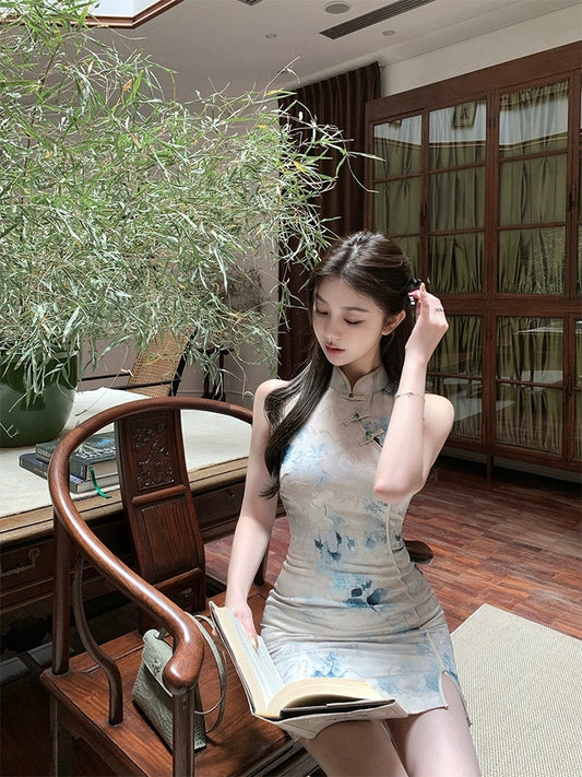 Han Yujia New Chinese Style Satin Improved Cheongsam Dress Women's Spring and Summer Sleeveless Hip-covering Slim Floral Skirt