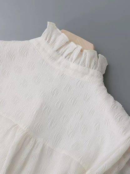 2025 Spring and Autumn New Apricot Wood Ear Edge Stand Collar Shirt Women's Niche Puff Sleeves Drape Trumpet Sleeves Chic Tops