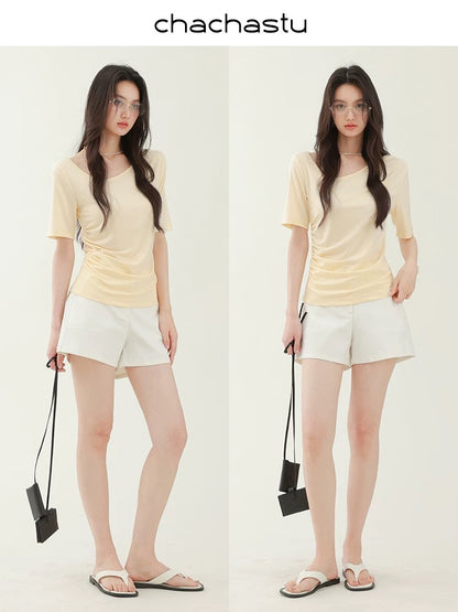 CHACHASTU French style all-match slim short-sleeved T-shirt women's summer 2025 new yellow shoulder top bottoming shirt