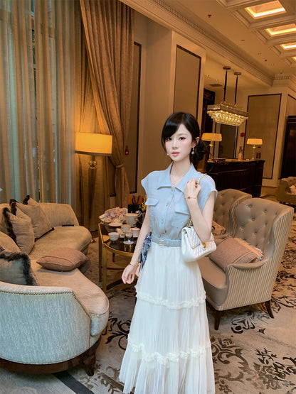 Fish Rabbit's Rabbit Korean Style Denim Patchwork Pleated Dress Women's Summer 2026 New Waist-cinching Long Dress