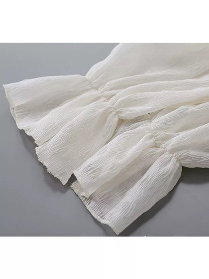 2025 Spring and Autumn New Apricot Wood Ear Edge Stand Collar Shirt Women's Niche Puff Sleeves Drape Trumpet Sleeves Chic Tops