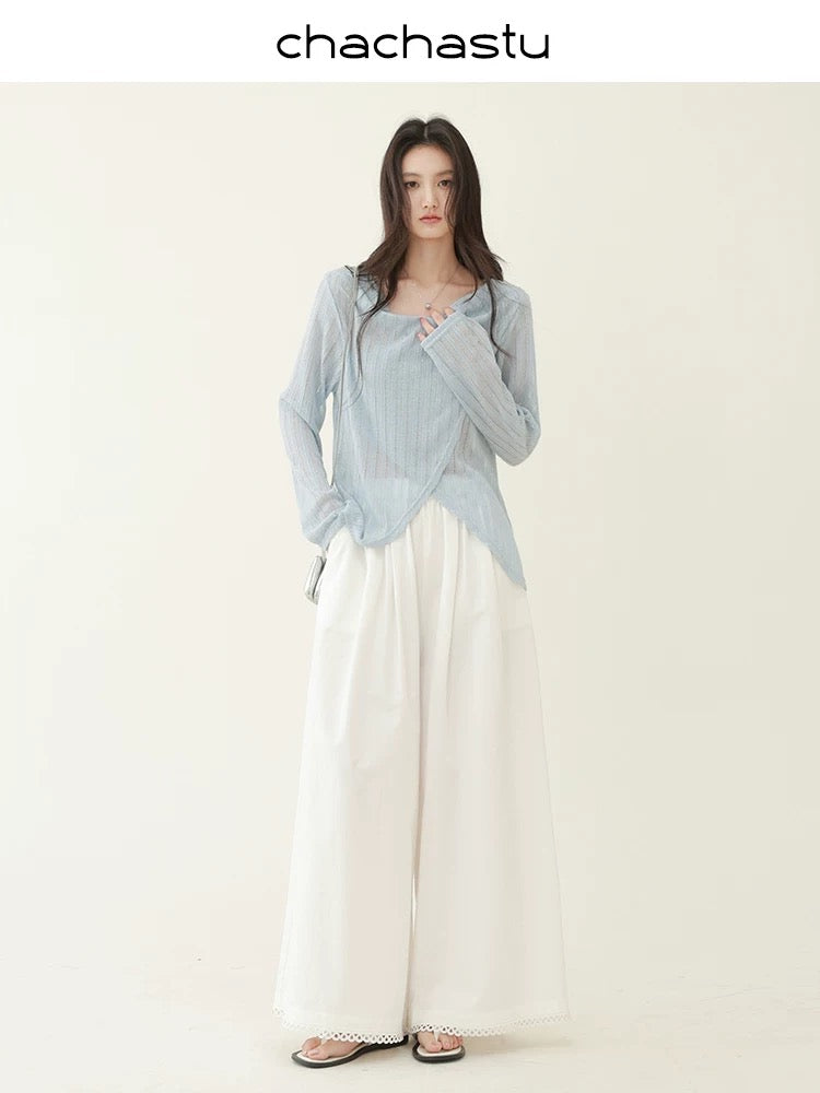 CHACHASTU [Summer Prologue] Shiny and comfortable hollow knitted irregular swaying collar top