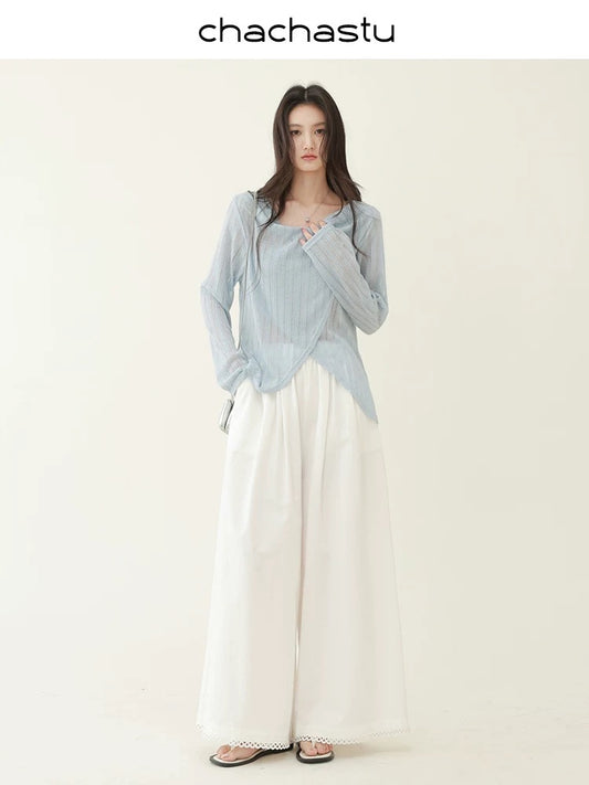 CHACHASTU [Summer Prologue] Shiny and comfortable hollow knitted irregular swaying collar top