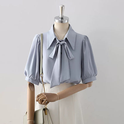 Bow tie drape blue chiffon shirt 2024 summer women's clothing gentle style puff sleeve short-sleeved top