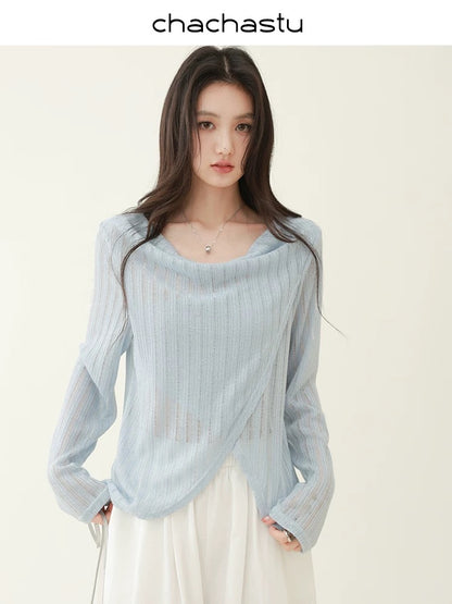 CHACHASTU [Summer Prologue] Shiny and comfortable hollow knitted irregular swaying collar top