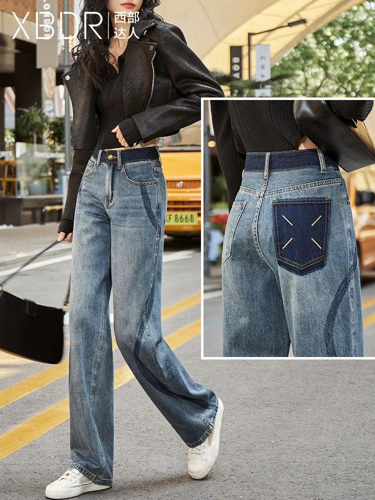 Niche design high-waisted straight-leg jeans for women with wide-leg curves and slimming 2024 autumn new contrasting color floor-length pants