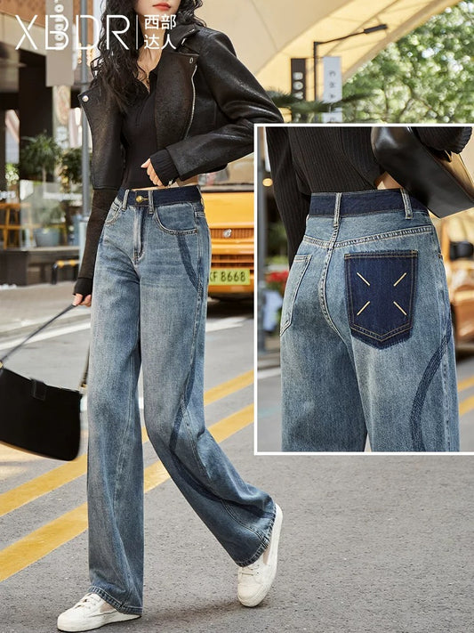 Niche design high-waisted straight-leg jeans for women with wide-leg curves and slimming 2024 autumn new contrasting color floor-length pants