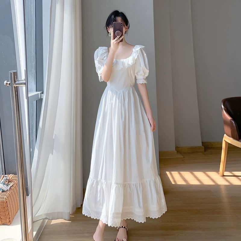 2024 new summer design French first love skirt waist slimming white puff sleeve fairy dress