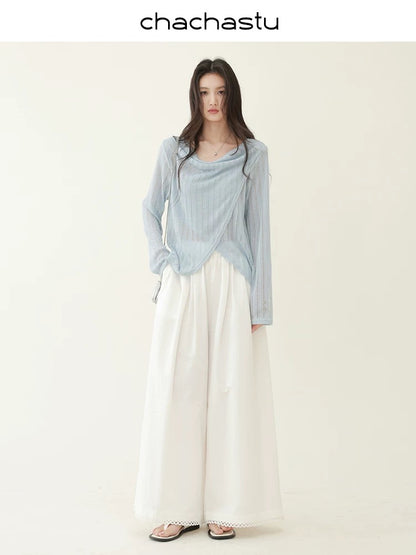 CHACHASTU [Summer Prologue] Shiny and comfortable hollow knitted irregular swaying collar top