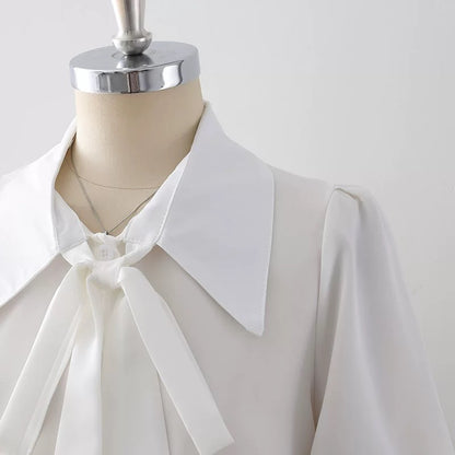 Bow tie drape blue chiffon shirt 2024 summer women's clothing gentle style puff sleeve short-sleeved top