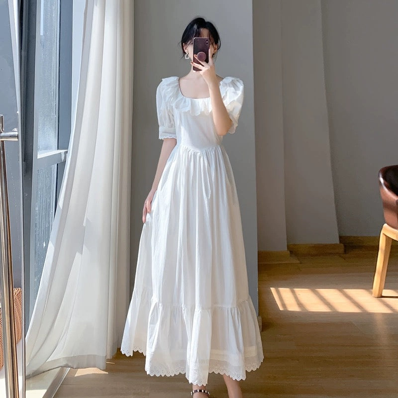 2024 new summer design French first love skirt waist slimming white puff sleeve fairy dress