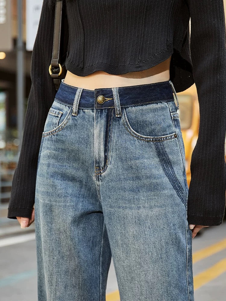 Niche design high-waisted straight-leg jeans for women with wide-leg curves and slimming 2024 autumn new contrasting color floor-length pants