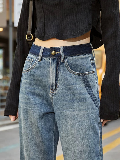 Niche design high-waisted straight-leg jeans for women with wide-leg curves and slimming 2024 autumn new contrasting color floor-length pants
