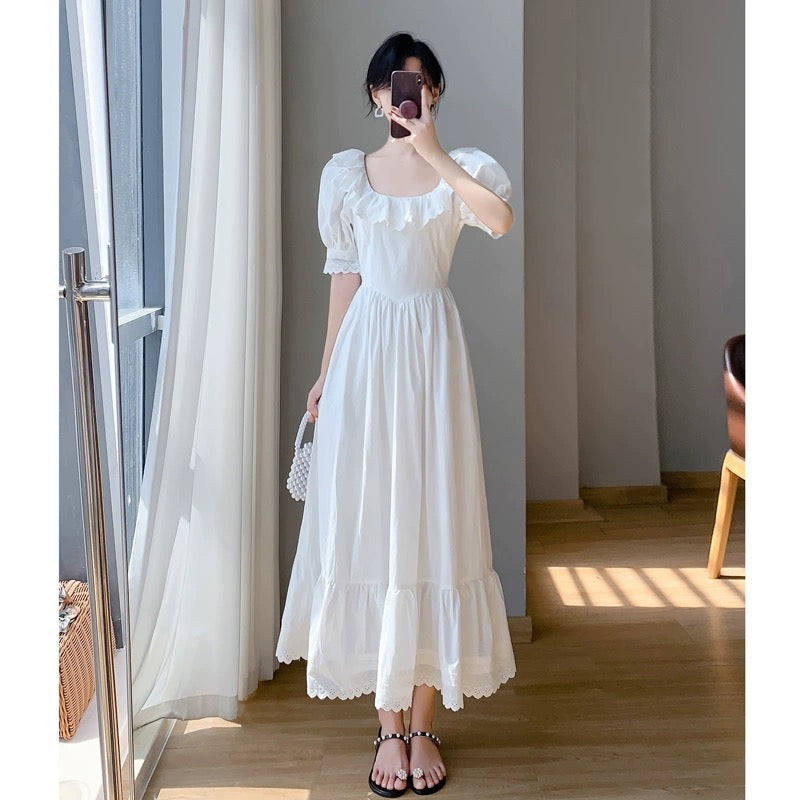 2024 new summer design French first love skirt waist slimming white puff sleeve fairy dress