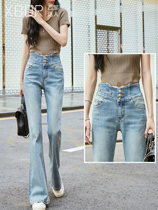 Retro blue high-waisted bootcut jeans for women, slim fit, stretchy 2024 autumn wear, new tummy-control bell-bottom trousers