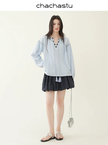CHACHASTU [Summer Prologue] Romantic Atmosphere Three-Dimensional Black Rose Bohemian Shirt