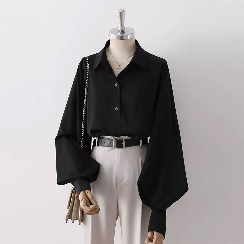 Lantern sleeve black chiffon shirt for women 2025 spring and autumn new design niche fashion professional puff sleeve top