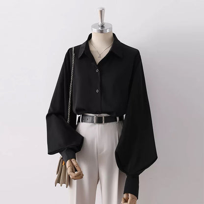 Lantern sleeve black chiffon shirt for women 2025 spring and autumn new design niche fashion professional puff sleeve top
