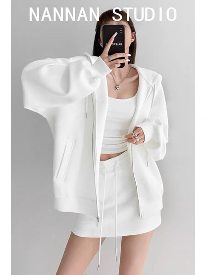 Street hottie lazy dressing tutorial loose thick hooded sweater suit women's high waist sports skirt two-piece suit