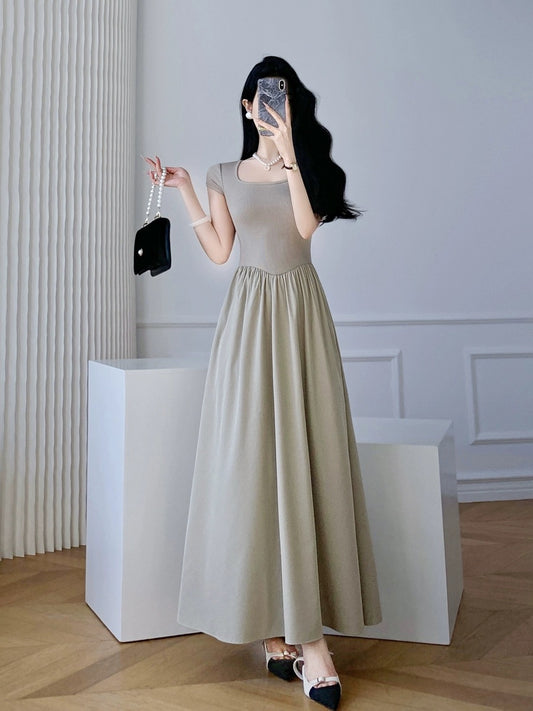 2024 new summer style French retro tea break dress with waist slimming, high-end temperament, gentle style square neck dress