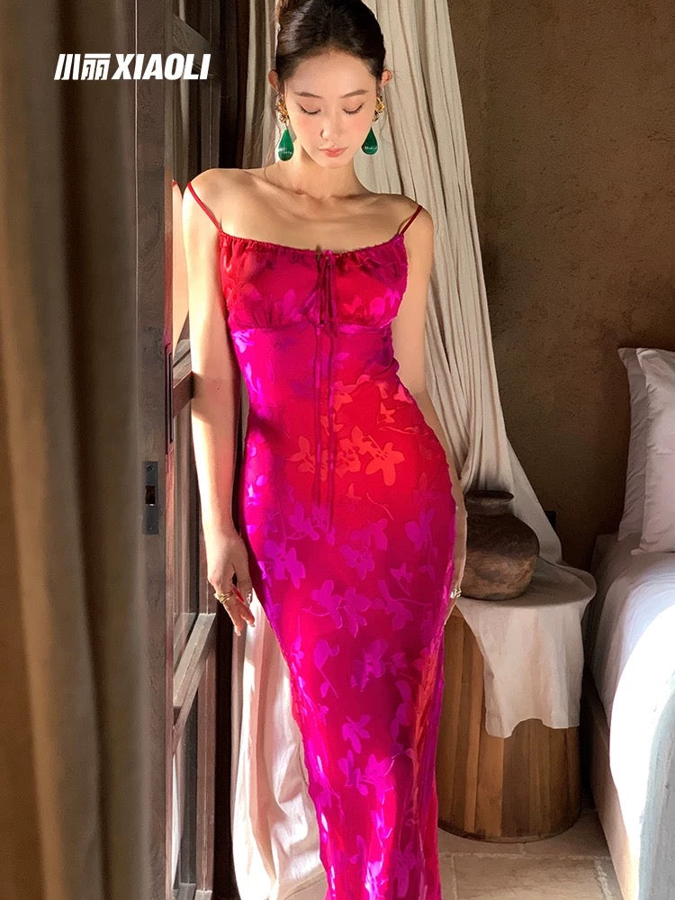 Xiaoli Begonia Rose Dream Floral Suspender Cover Hip Dress Long Skirt Women Summer 2024 High-end Royal Sister Style Thousands of Skirts