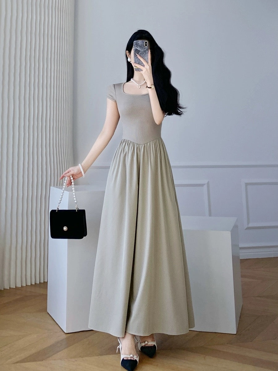 2024 new summer style French retro tea break dress with waist slimming, high-end temperament, gentle style square neck dress