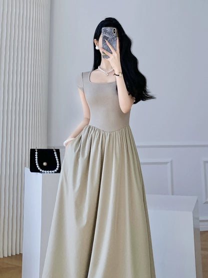 2024 new summer style French retro tea break dress with waist slimming, high-end temperament, gentle style square neck dress