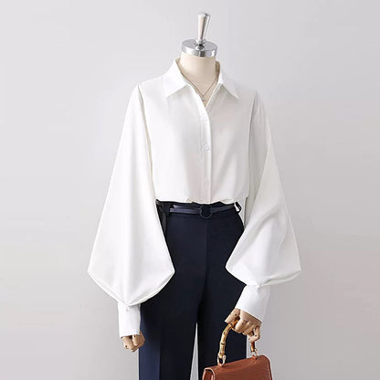 Lantern sleeve black chiffon shirt for women 2025 spring and autumn new design niche fashion professional puff sleeve top